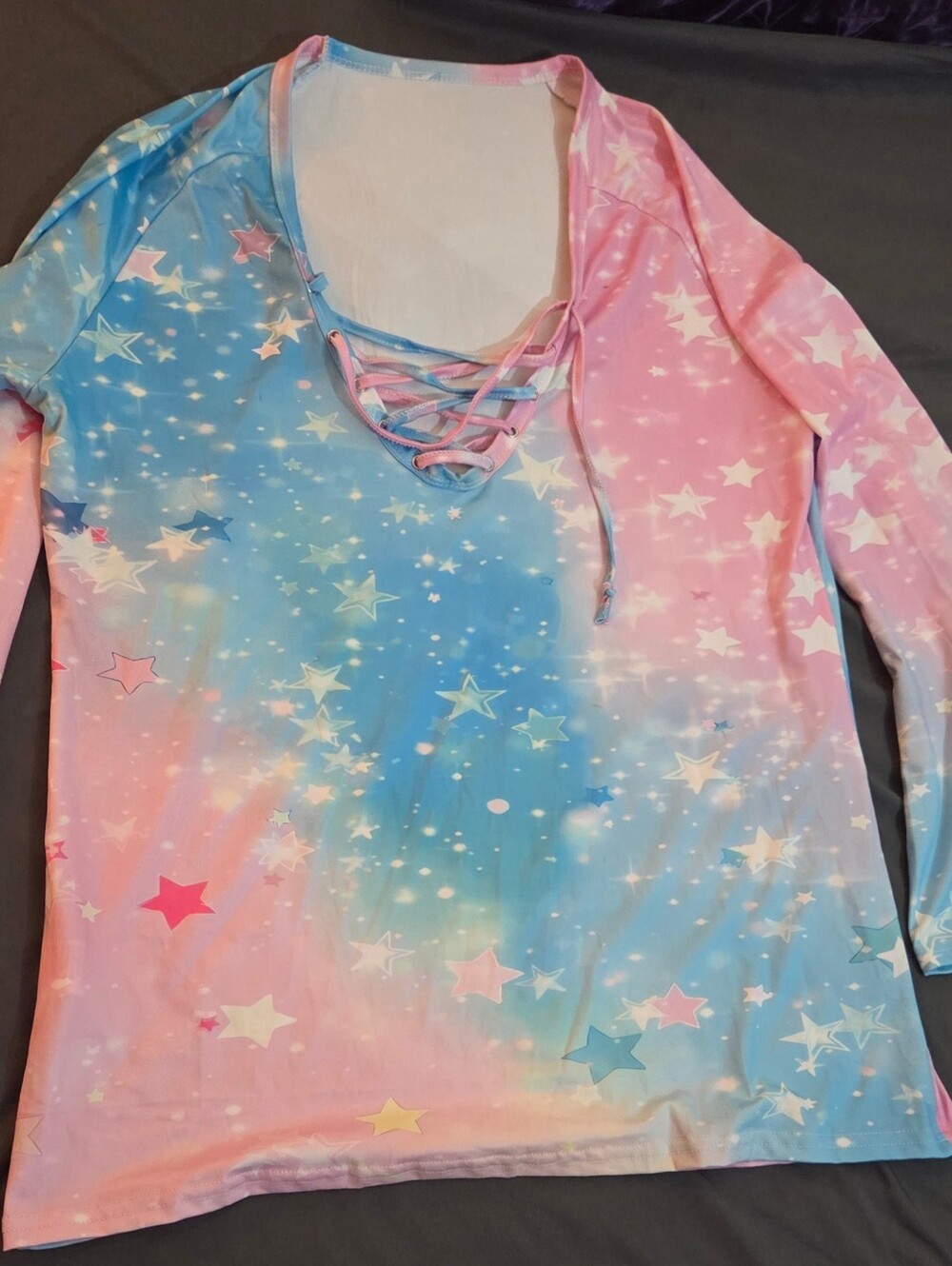 Starry Ombre Lace-Up Long Sleeve Top - Pink & Blue